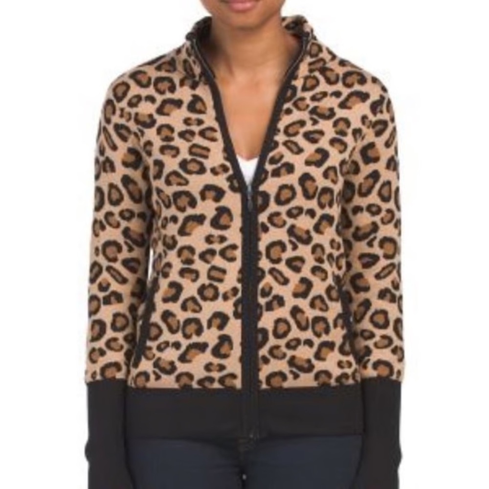 Rachel Zoe Tan Black Leopard Print Zippered Sweater Cardigan Pockets EUC XS